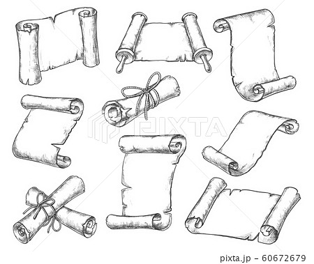 Medieval paper scrolls, manuscript sketch icons 60672679