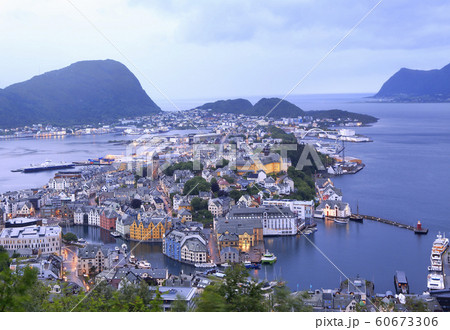 Alesund skyline architecture at dusk, Norway 60673306