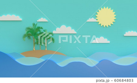Island in the sea during the day time With the yellow sun and white clouds in the sky 60684803