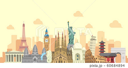 世界の有名な建築物 遺跡 建物 世界遺産 カラー横並びバナー 海外旅行 世界イメージのイラスト素材