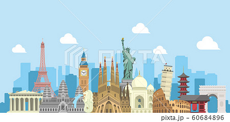 世界の有名な建築物 遺跡 建物 世界遺産 カラー横並びバナー 海外旅行 世界イメージのイラスト素材