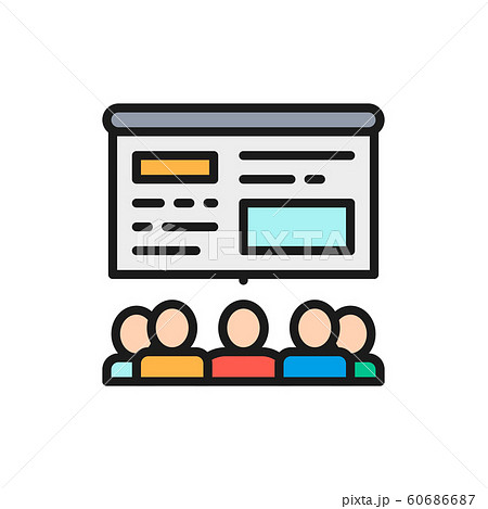People watch presentation on an interactive whiteboard flat color line icon. 60686687