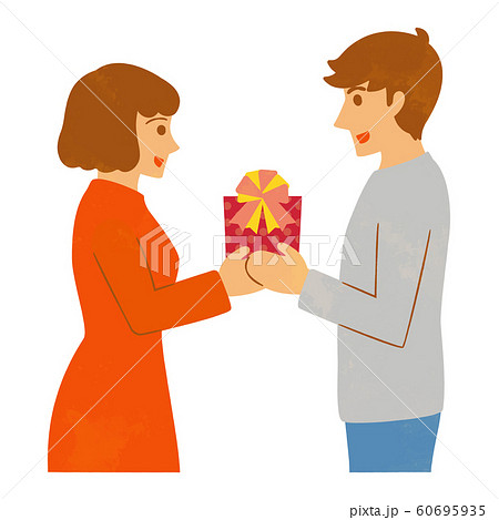 プレゼントを渡す女性と受け取る男性のイラストのイラスト素材