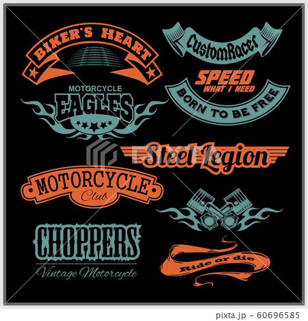 Motorcycle vector set with vintage custom logos, badges, design templates. 60696585