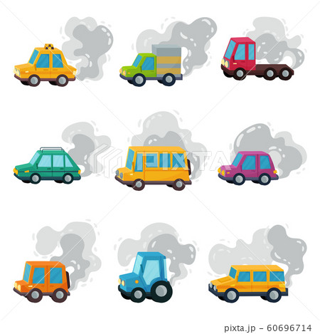 Cartoon Cars Throwing Out Smoke Vector Setのイラスト素材