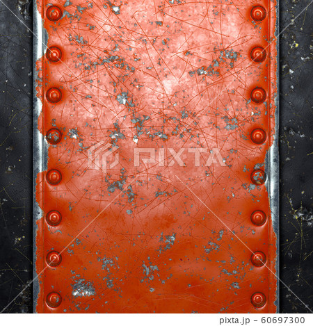 Strip of metal with rivets painted red in the shape of a rectangle in the center on black metal background 3d Strip of metal with rivets painted red in the shape of a rectangle in the center on black metal background 3d 60697300