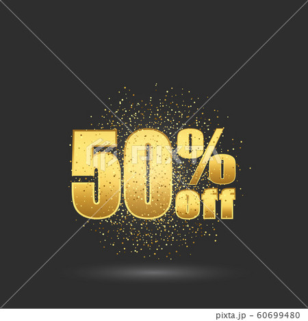 Fifty percent discount.Gold glitter particles on the background Golden numbers. 60699480