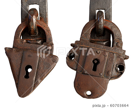 Two ancient rusty padlocks with keyhole isolated on white 60703664