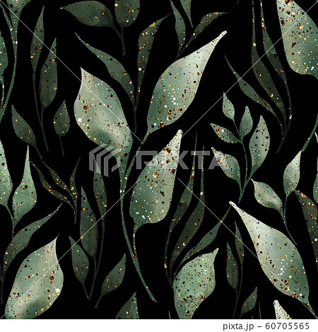 Green leaves and branches seamless pattern on black Green leaves and branches seamless pattern on black 60705565