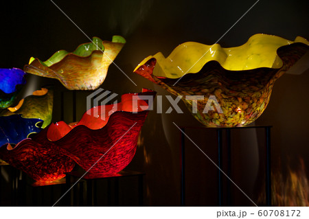 SEATTLE, WASHINGTON, USA - JAN 24th, 2017: Blown glass in abstract shapes in red and yellow, Chihuly Garden and Glass Museum 60708172