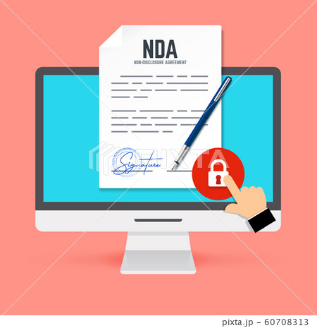 Non-Disclosure Agreement document with stamp and signature and monitor in flat style. NDA with pen. 60708313