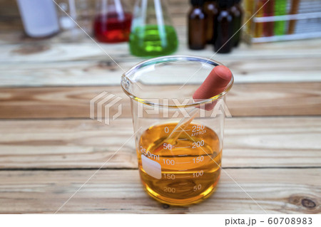 Beaker and bottle. Several chemical solution in flask. Laboratory glassware 60708983
