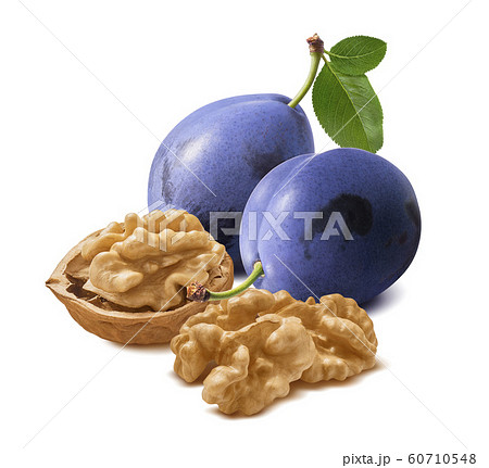 Walnut nuts and plums isolated on white background 60710548