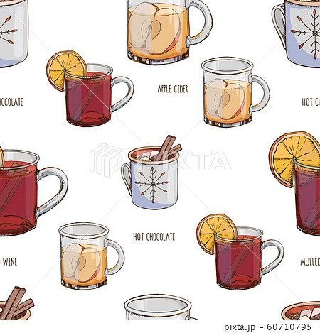 Vector seamless pattern with hot winter drinks isolated on white. Christmas print with beverages. Endless texture. Hot chocolate, mulled wine, apple cider. Menu decoration. Modern lettering Vector seamless pattern with hot winter drinks isolated on white. Christmas print with beverages. Endless texture. Hot chocolate, mulled wine, apple cider. Menu decoration. Modern lettering 60710795