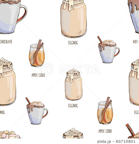 Vector seamless pattern with hot winter drinks isolated on white. Christmas print with beverages. Endless texture. Hot chocolate, eggnog, apple cider. Winter special. Menu decoration. Modern lettering Vector seamless pattern with hot winter drinks isolated on white. Christmas print with beverages. Endless texture. Hot chocolate, eggnog, apple cider. Winter special. Menu decoration. Modern lettering 60710801