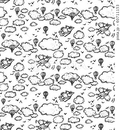 Doodles fly bird sky clouds black and white seamless pattern Doodles fly bird sky clouds black and white seamless pattern 60711153