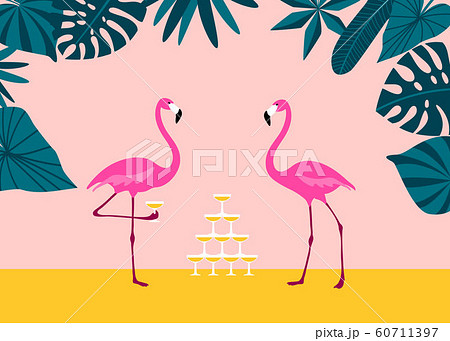 Pink Flamingo drinking margarita from champagne tower on tropical beach. Exotic birds. Pink Flamingo drinking margarita from champagne tower on tropical beach. Exotic birds. 60711397