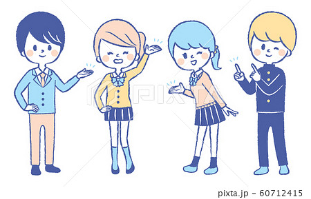色々な場所を紹介する学生 中学生 高校生 制服 男子 女子 イラストのイラスト素材