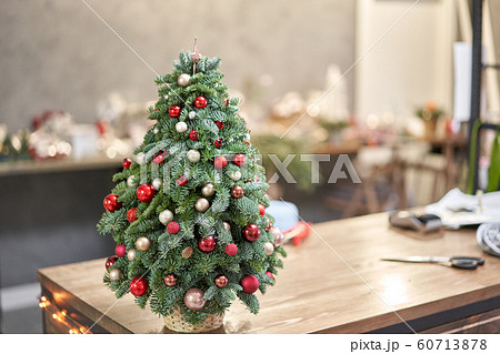 Beautiful small Christmas tree on wooden table. Happy mood. Garland lamp bokeh on background. Wallpaper. Danish pine and fir, Nobilis Beautiful small Christmas tree on wooden table. Happy mood. Garland lamp bokeh on background. Wallpaper. Danish pine and fir, Nobilis 60713878