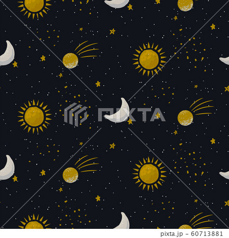 Blue galaxy seamless vector pattern background with sun, planets and star cosmic shapes. Blue galaxy seamless vector pattern background with sun, planets and star cosmic shapes. 60713881