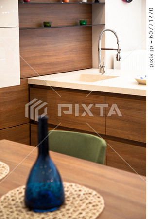 Modern kitchen, wooden walnut dining table and 60721270