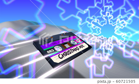 Christmas holiday mix cassette flying with neon snowflake in 80s synthwave or retrowave style Christmas holiday mix cassette flying with neon snowflake in 80s synthwave or retrowave style 60721505