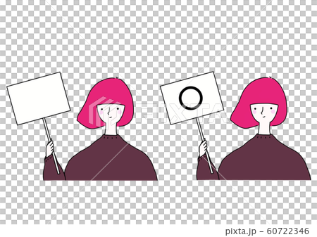 A woman holding a round tag and a woman holding a blank tag A woman holding a round tag and a woman holding a blank tag 60722346