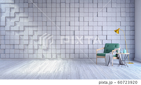 Modern and vintage interior of living room, green armchair on white flooring and  white wooden panel wall  ,Square random wall ,3d rendering 60723920