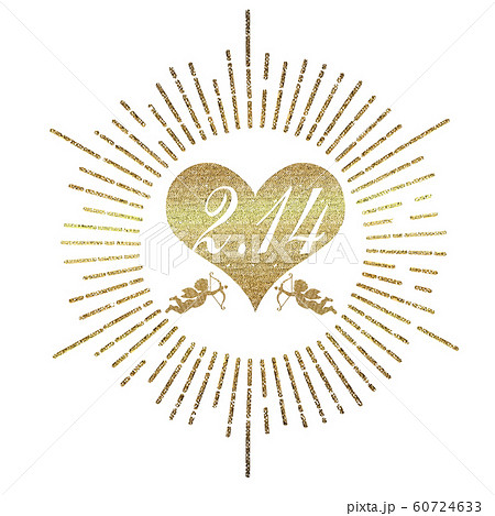 手描きタッチのハッピーバレンタインデーのロゴマーク 金 手描き集中線とハートと天使のイラストのイラスト素材