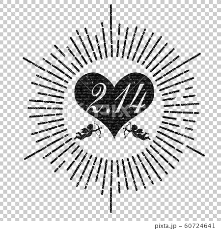 手描きタッチのハッピーバレンタインデーのロゴマーク 黒 手描き集中線とハートと天使のイラストのイラスト素材