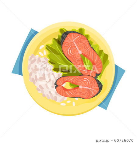 Rice and Salmon Steaks Served on Flat Plate with Lettuce Leaves Vector Illustration 60726070