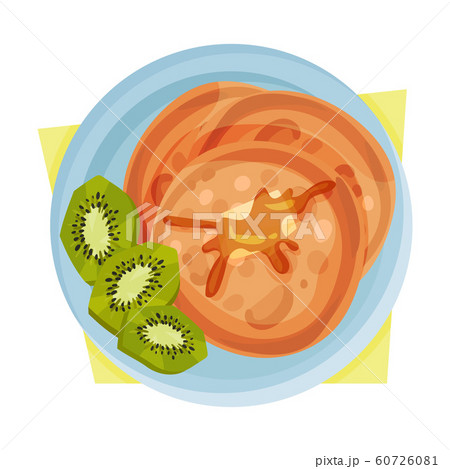 Breakfast Table Vector Illustration. Pancakes with Sliced Kiwi Fruit Served on Plate 60726081