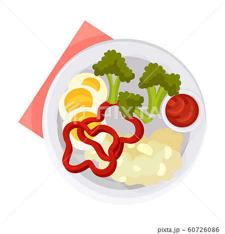 Breakfast Plate with Healthy Vegetables with Boiled Eggs Served on White Plate Vector Illustration 60726086