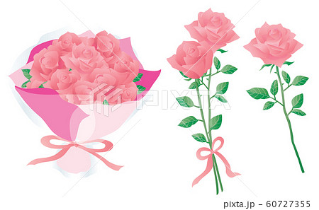 ピンクのバラの花束や1輪と2輪のバラのセットのイラスト素材