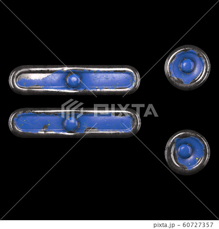 Symbol equals and colon made of painted metal with blue rivets on black background. 3d Symbol equals and colon made of painted metal with blue rivets on black background. 3d 60727357