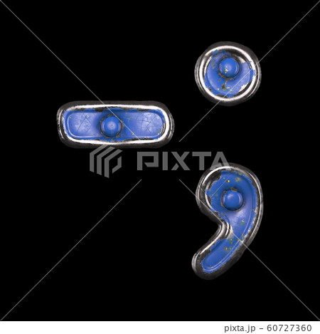 Symbol dash and semi-colon made of painted metal with blue rivets on black background. 3d Symbol dash and semi-colon made of painted metal with blue rivets on black background. 3d 60727360