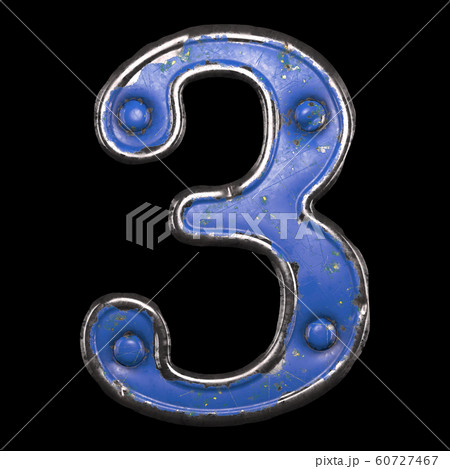 Number 3 made of painted metal with blue rivets on black background. 3d Number 3 made of painted metal with blue rivets on black background. 3d 60727467