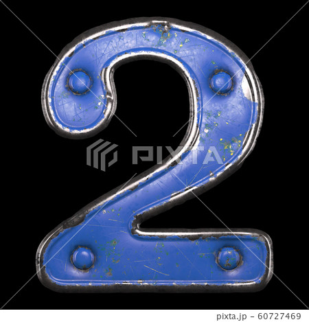 Number 2 made of painted metal with blue rivets on black background. 3d 60727469