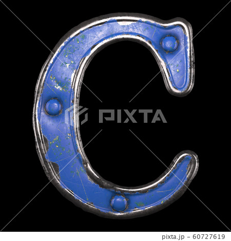 Uppercase letter C made of painted metal with blue rivets on black background. 3d Uppercase letter C made of painted metal with blue rivets on black background. 3d 60727619