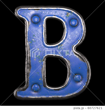 Uppercase letter B made of painted metal with blue rivets on black background. 3d 60727621