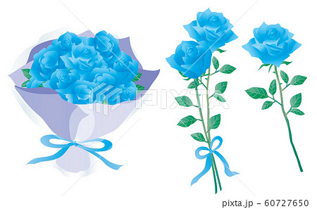青いバラの花束や1輪と2輪のバラのセットのイラスト素材