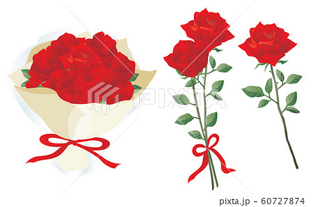 赤いバラの花束や1輪と2輪のバラのギフトのセットのイラスト素材