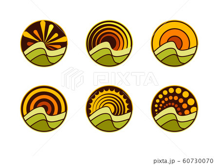 Set of logo templates for farming. Green field and sunrise, round logo, emblem of ecology or nature 60730070