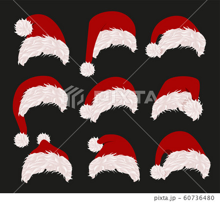 Beautiful Santa hats set, Christmas decor, isolated icons on black background Beautiful Santa hats set, Christmas decor, isolated icons on black background 60736480