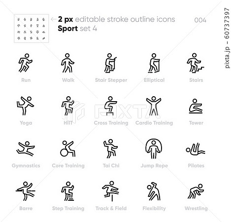 Sport and Fitness Activity outline vector icons. Run, Yoga, Stair Stepper, High-intensity interval training, Tai Chi, Pilates. Editable stroke. 60737397