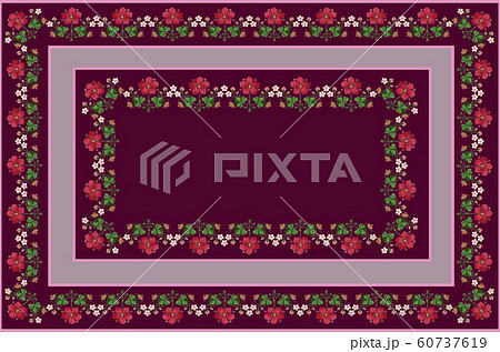 Tablecloth of frame with bouquets of flowers and clover leaves on claret background 60737619