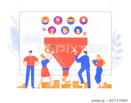 Lead generation. Increasing conversion, sales funnel strategy and generating or attracting new loyal leads vector illustration. Online monetization and market growth. Inbound marketing strategy 60737660