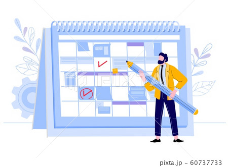 Businessman check calendar. Man with pencil planning work events at planner, business worker day plan, and event organization calendar vector illustration. Business organizer, scheduling workflow Businessman check calendar. Man with pencil planning work events at planner, business worker day plan, and event organization calendar vector illustration. Business organizer, scheduling workflow 60737733