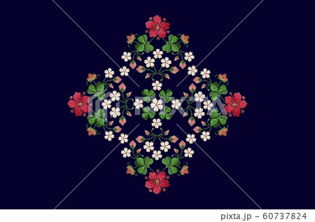 Embroidered napkins with bouquets of flowers and clover leaves on dark blue background Embroidered napkins with bouquets of flowers and clover leaves on dark blue background 60737824