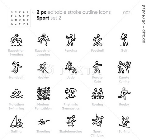 Sport and Fitness outline vector icons. Equestrian Eventing, Fencing, Golf, Hockey, Karate, Rugby, Surfing, Skateboarding. 60740323